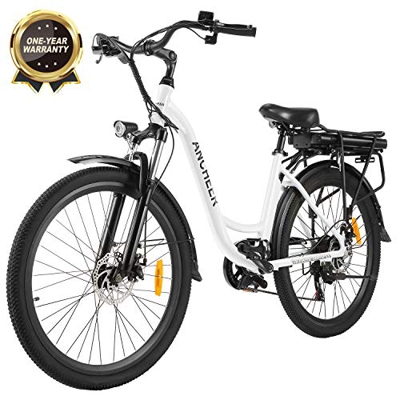 Ancheer Bicicleta Eléctrica 26", Ebike de Ciudad con 12.5Ah Batería Extraíble Frenos de Doble Disco 35 Millas de Alcance (Blanco)