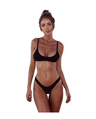 2018 Womens Sexy Color sólido Bikini Brasileño - Tanga Triángulo Suave acolchado escote de escape Bikini Set 2 piezas de traje de baño (S, Black)