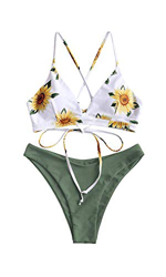 ZAFUL Conjunto de Bikini con Relleno Push Up Triangular Busto Ajustable con Tirantes Cruzados Traseros Estampado Talle Bajo (Margarita-Verde, M) en oferta
