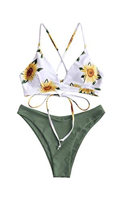 ZAFUL Conjunto de Bikini con Relleno Push Up Triangular Busto Ajustable con Tirantes Cruzados Traseros Estampado Talle Bajo (Margarita-Verde, S)