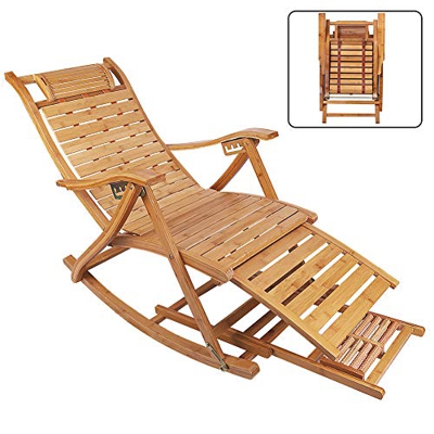 UKMASTER Silla Mecedora de Jardín, Silla Tumbona Bambú, Sillón Reclinable de Bambú, Plegable, con Reposapiés y Masaje de Pies, 5 Posición Ajustable, p