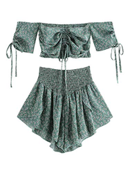 ZAFUL Trajes de Baño Mujer Top Corto Lazada Delantera Estampado Hombro Descubierto Pantalones Cortos Ropa de Playa Dos Piezas 2019 Verano (Verde Claro precio