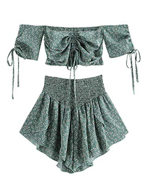 ZAFUL Trajes de Baño Mujer Top Corto Lazada Delantera Estampado Hombro Descubierto Pantalones Cortos Ropa de Playa Dos Piezas 2019 Verano (Verde Claro