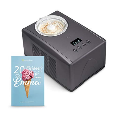 Máquina para hacer helados caseros EMMA, Ice cream maker, Heladera con compresor 1,5 l, recipiente extraíble y pantalla LCD + Libro de recetas