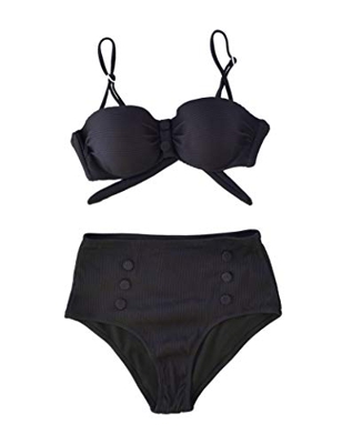 Marine - Conjunto de Bikini con Braga Alta, con Tejido Acanalado y Detalle de Botones (Negro, 46)