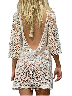 Kfnire Traje de baño de Las Mujeres Bikini Traje de baño Vestido de Playa Crochet (D- Blanco)