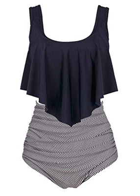 Aidotop Bañador para Mujer Top con Volantes Cintura Alta Traje de baño Trajes de baño de Dos Piezas Bikini Sets (8Black Stripe, XXL)