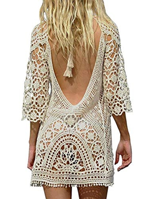heekpek Mujer Pareos Playa Traje de Baño Vestido de la Playa Bikini Cover up Camisola de Playa Larga Mangas V-Cuello Hueco Borlas Vestido de Kaftan Cr