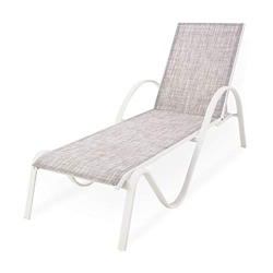 Tumbona jardín reclinable y apilable, Tamaño: 203x64x33 cm, Aluminio Blanco y textilene Color taupé Jaspeado en oferta
