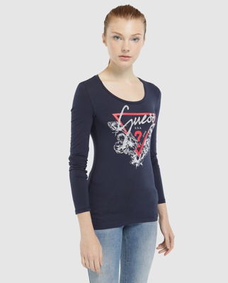 Guess - Camiseta De Mujer Con Print Delantero Y Manga Larga