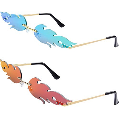Haichen 2 pares de gafas de sol de moda con estilo de llama sin montura de color espejo con forma de llama de fuego gafas para hombres mujeres (Verde 