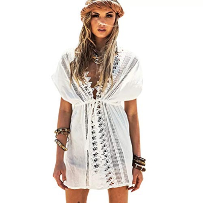 Lazzon Mujer Pareos Sexy Playa Traje de Baño Algodón Bikini Cover up V-Cuello