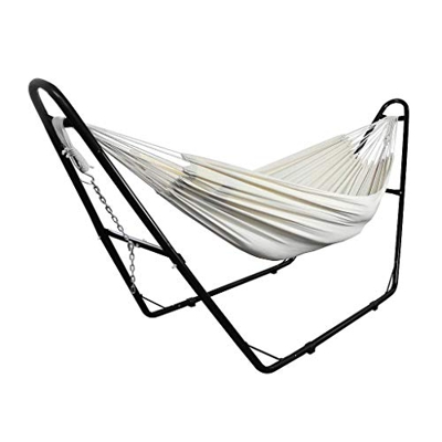 Todeco Cama Colgante, Hamaca, Beige, con Soporte Tipo-H, Brasileño, Algodón, Capacidad: para 2 Personas, Alto: Ajustable