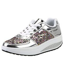 Mujer Zapatillas de Deporte Cuña Zapatos para Caminar Aptitud Plataforma Sneakers con Cordones Calzado de Tacón 4cm Plateado EU 39 en oferta