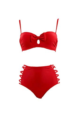 SOL Y PLAYA - Conjunto Bikini Bandeau Braga Alta diseño Lazo Tiras Moderno para Mujer Chica Push up (44 - XL, Rojo)