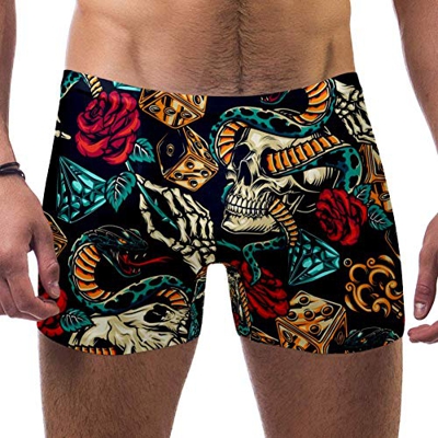 LORVIES - Calaveras tipo bóxer para hombre, diseño de esqueleto de rosas y diamantes de imitación y calaveras de serpiente, corte corto y cuadrado, de