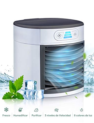 Mini Aire Acondicionado, Humidificador, Purificador, Ventilador en Mesa con Tanque de Agua, 7 Colores de Luz, Cómodo para Dormitorio, Oficina