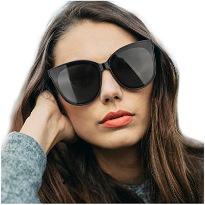 Gafas de sol estilo ojo de gato extragrandes con lentes de protección 100% UV polarizadas para las mujeres que conducen gafas de moda (Marco Negro/Len