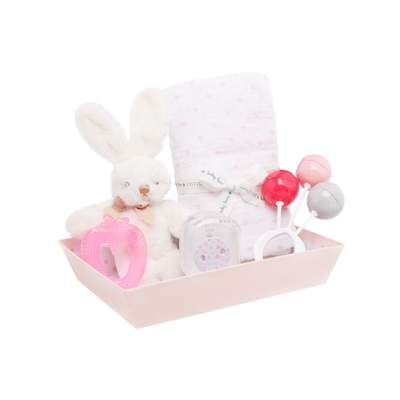 Cotton Juice Baby Home - Pack De Regalo : Cesta, Muselina, Sonajeros, Mordedor Y Chupetero Blanco