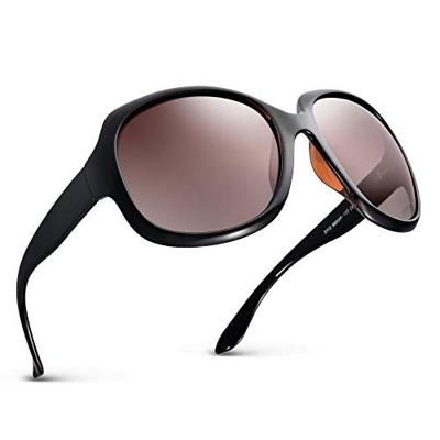 Effnny Gafas de sol polarizadas para mujeres, protección UV, Lentes de sol espejadas 3113 (Negro por fuera y marrón por dentro)