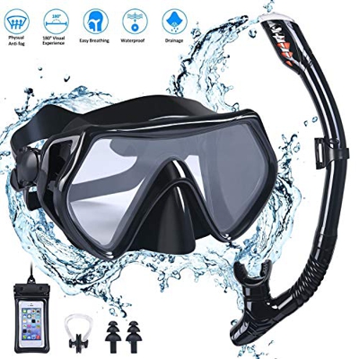 flintronic Kit de máscara y Tubo para Snorkelling, Máscara de Buceo Snorkel Set Máscara de Esnórquel con Máscara Antivaho y Snorkel Seco, Negro