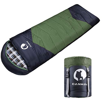 CANWAY Saco de Dormir con Capucha, Impermeable con Bolsa de Compresión, 3 Estaciones 2~29℃, para Viajes, Camping, Senderismo Franela Verde