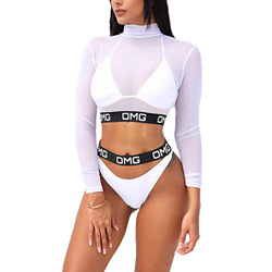 runi mo Traje de baño de 3 Piezas Sujetador Acolchado para Mujer Triángulo de Cintura Alta Conjunto de Bikini de Tanga con Camisa de Malla de Manga La en oferta