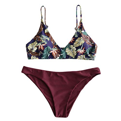 ZAFUL - Traje de baño para mujer con tirantes de espagueti, triángulo tropical hojas borgoña L
