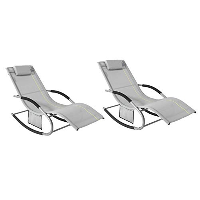 SoBuy OGS28-HGx2 Set de 2 Tumbonas, Mecedora con Almohada y Bolsillo Lateral, Estructura de Hierro, Malla Transpirable Teslin, cómodo, soporta hasta 1