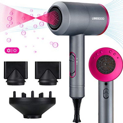UBEGOOD Secador de Pelo, 2000W Secador de Pelo Profesional Secador Iónico 3 Velocidades Ajustables con 2 Boquillas y 1 Difusor para Hogar, Peluqueria,