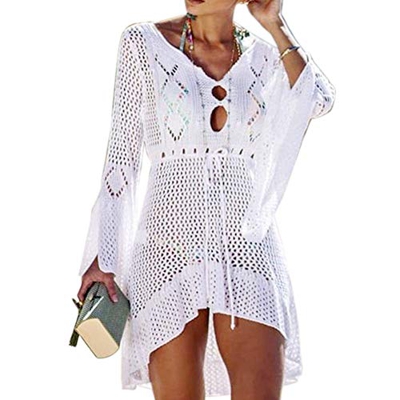 Tacobear Mujer Pareos Playa Traje de Baño Verano Vestido de Playa Sexy Bikini Cover up Camisola de Playa Túnica de Punto (Blanco)