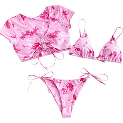 ZAFUL Mujer Bikini Conjunto, Copa Triangular de Encaje con Estampado Tie Dye + Chaleco Superior de Tres Piezas Cintura Baja Shorts (Violeta, M) en oferta