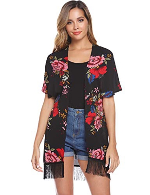 Hawiton Mujer Cárdigan Kimono Florales con Borla Manga 3/4 Gasa Boho Blusa Playa Encubrir Chaqueta Fina Casual para Bikini, Playa