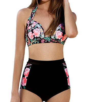DELEY Mujeres Cintura Alta Vintage Floral Impresión Push Up Bikini Traje De Baño Beachwear Tamaño M