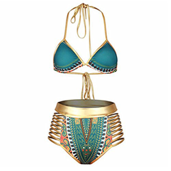 DELEY Mujeres Oro Vendaje Cintura Alta Vintage Etnico Estampado Bikini Brasileño Traje De Baño Ropa De Baño Swimwear Swimsuit Verde A Tamaño M precio