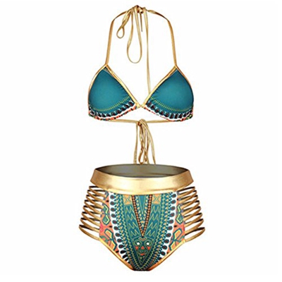 DELEY Mujeres Oro Vendaje Cintura Alta Vintage Etnico Estampado Bikini Brasileño Traje De Baño Ropa De Baño Swimwear Swimsuit Verde A Tamaño M
