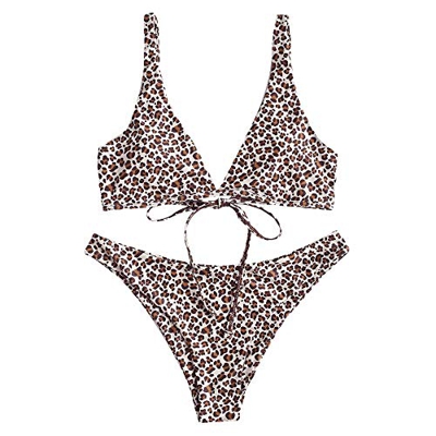 ZAFUL Leopard Push Up – Bikini con escote en V para mujer marrón S