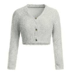 VJGOAL Mujer Otoño e Invierno Moda Casual Color sólido Cuello en v Manga Larga Cardigans Peludos con botón Sexy suéter Corto Recortar Tops Populares(S en oferta