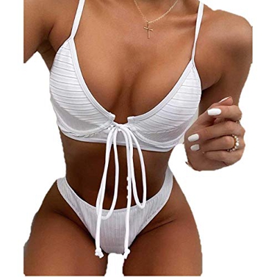 Conjunto de bikini sexy de 2 piezas para mujer, traje de baño con sujetador push up, color liso a la moda blanco S