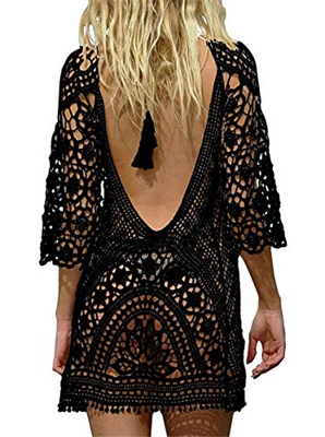 EDOTON Traje de Baño, Vestido de baño de Bikini con Encaje de Crochet y Espalda Abierta de Mujer (Negro)