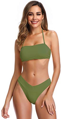 SHEKINI Mujer Bikini Top de Tubo Traje de Baño Dividido Cuello Colgando Calzoncillos Detalle Alto (S, Verde Claro)