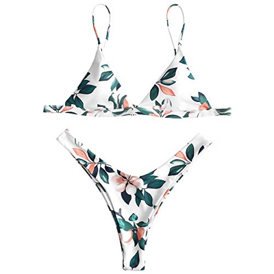 ZAFUL - Conjunto de sujetador brasileño con parte inferior de estilo brasileño con estampado de hojas Blanco blanco S