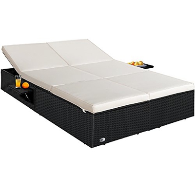 Casaria Tumbona Doble de poliratán Negro con Cojines y Dos mesas Plegables Respaldo reclinable 116x193cm
