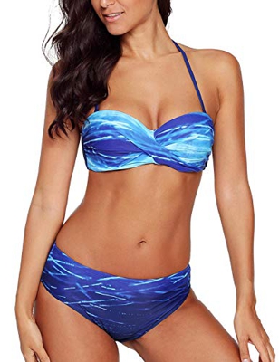 Voqeen Mujer Gradiente Cuello Halter Sin Tirantes Bikini Bandeau Delantero De Giro Traje de baño