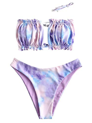 Zaful - Conjunto de bikini para mujer, banda sin hombros, con cordón y traje de baño de color liso con rulos Multi-e M precio
