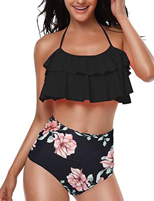 Voqeen Traje de baño para Mujer Top de Bikini de Volante Parte Inferior de Cintura Alta Halter Vintage Push Up de 2 Piezas