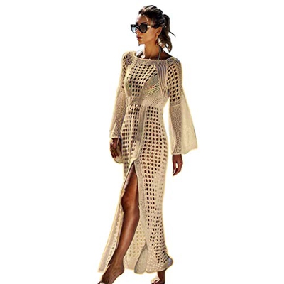 Tacobear Mujer Pareos Playa Traje de Baño Largo Verano Vestido de Playa Sexy Bikini Cover up Camisola de Playa Túnica de Punto (Beige)