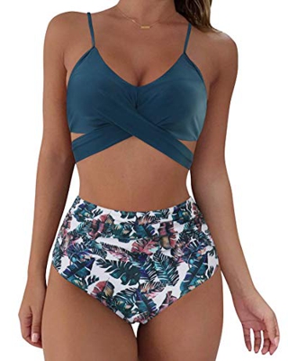 RXRXCOCO - Bikini para mujer, cintura alta, 2 piezas, talla grande Azul azul marino L