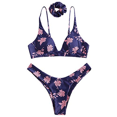 ZAFUL Mujer Floral Tanga High Cut Push Up Bikini Set Beachwear azul marino S
