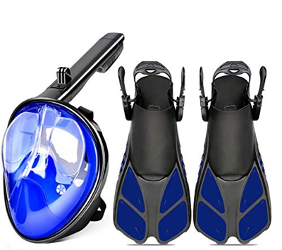 Máscara de snorkel de cara completa 180 °Plegable panorámica Máscara de buceo antiniebla Máscara de buceo Superficie curva + Aletas de buceo Snorkelin